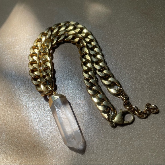 💎 Quartz crystal stone chunky curb chain necklace gold statement layering boho - Picture 6 of 9